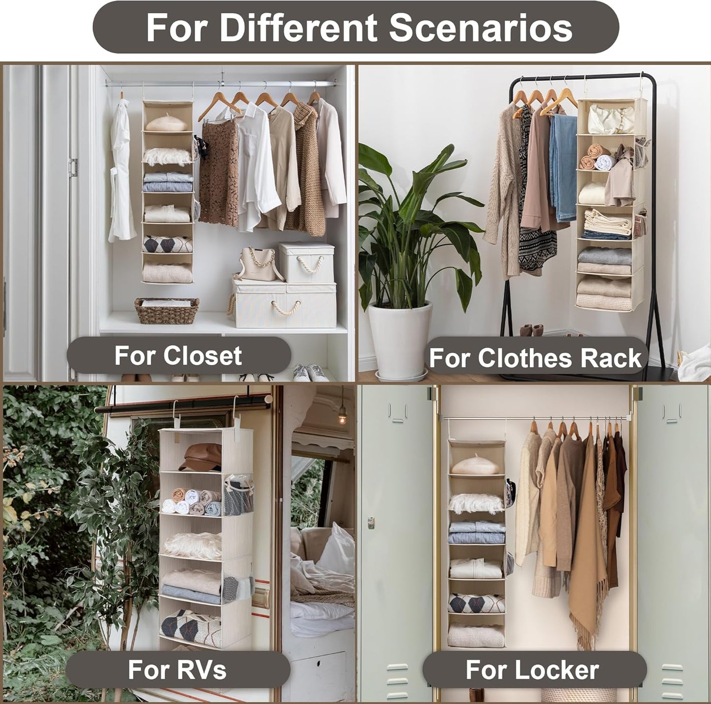 StorageWorks 6-Shelf Hanging Closet Organizer, Hanging Shelves for Closet, Fabric, Mixing of Beige