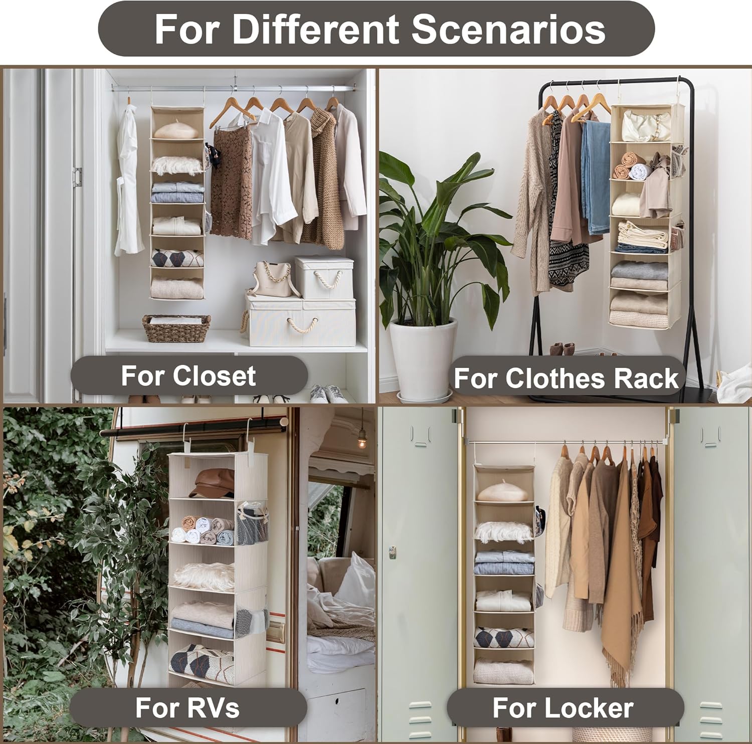 StorageWorks 6-Shelf Hanging Closet Organizer, Hanging Shelves for Closet, Fabric, Mixing of Beige
