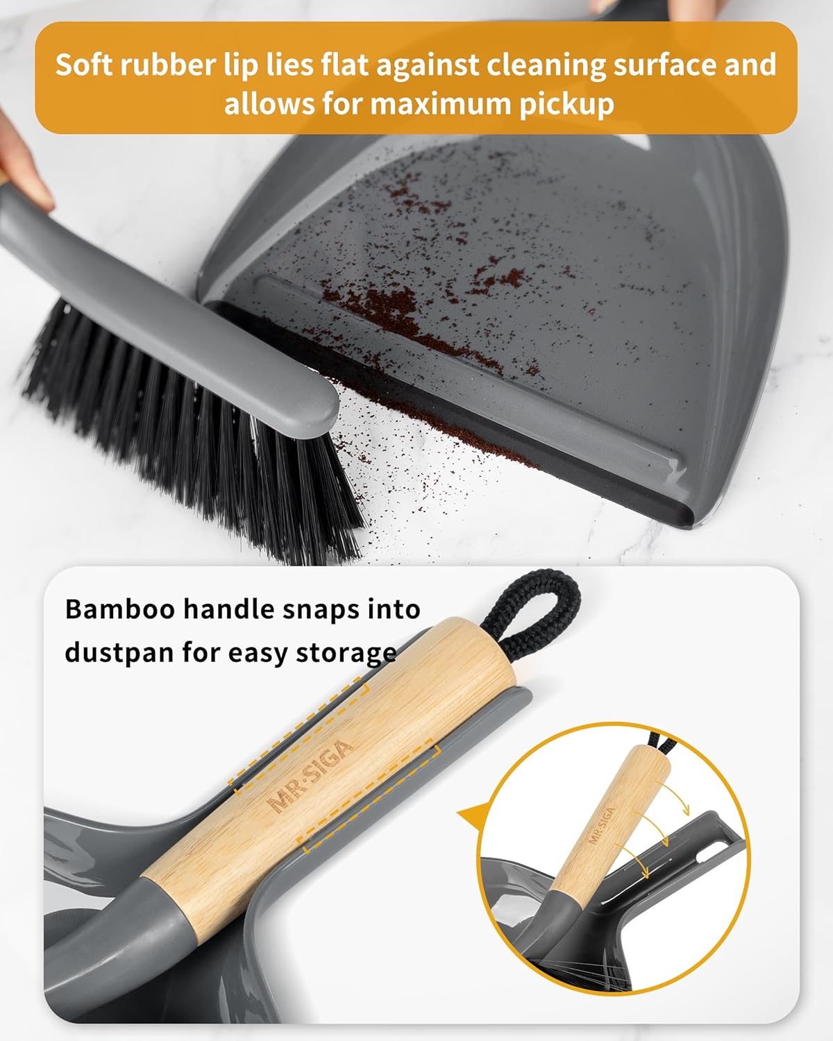 MR.SIGA Dustpan and Brush Set, Portable Cleaning Brush and Dustpan Combo with Bamboo Handle, Gray