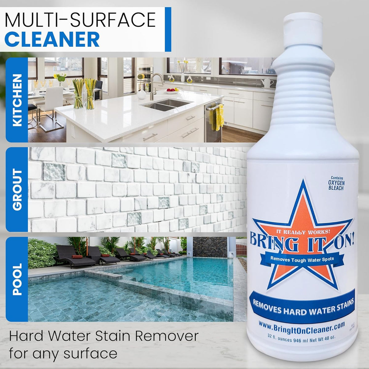 BRING IT ON! CLEANER Water Spot Remover Plus 2 Drill Brushes, Clean Tile, Cleaning Drill Scrub