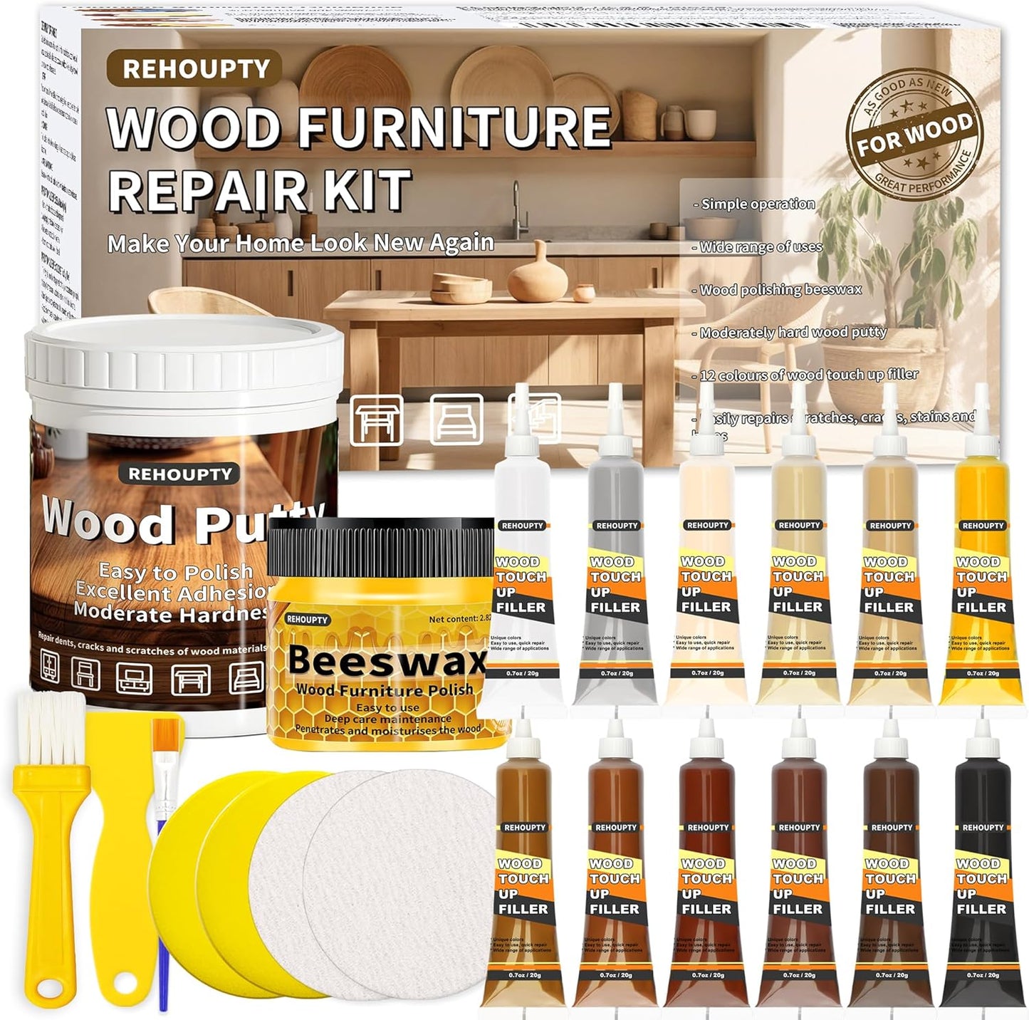 Wood Furniture Repair Kit, All-in-One Large Capacity Floor Repair Kit Include Wood Putty & 12