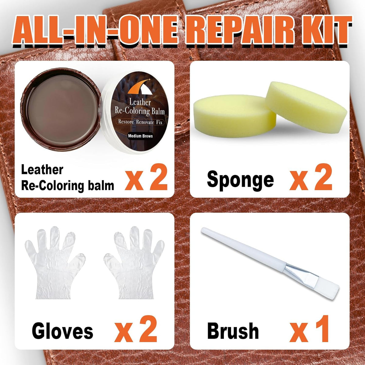 Medium Brown Leather Repair Kit - Recoloring Balm & Dye to Restore Scratches, Faded & Aged Leather