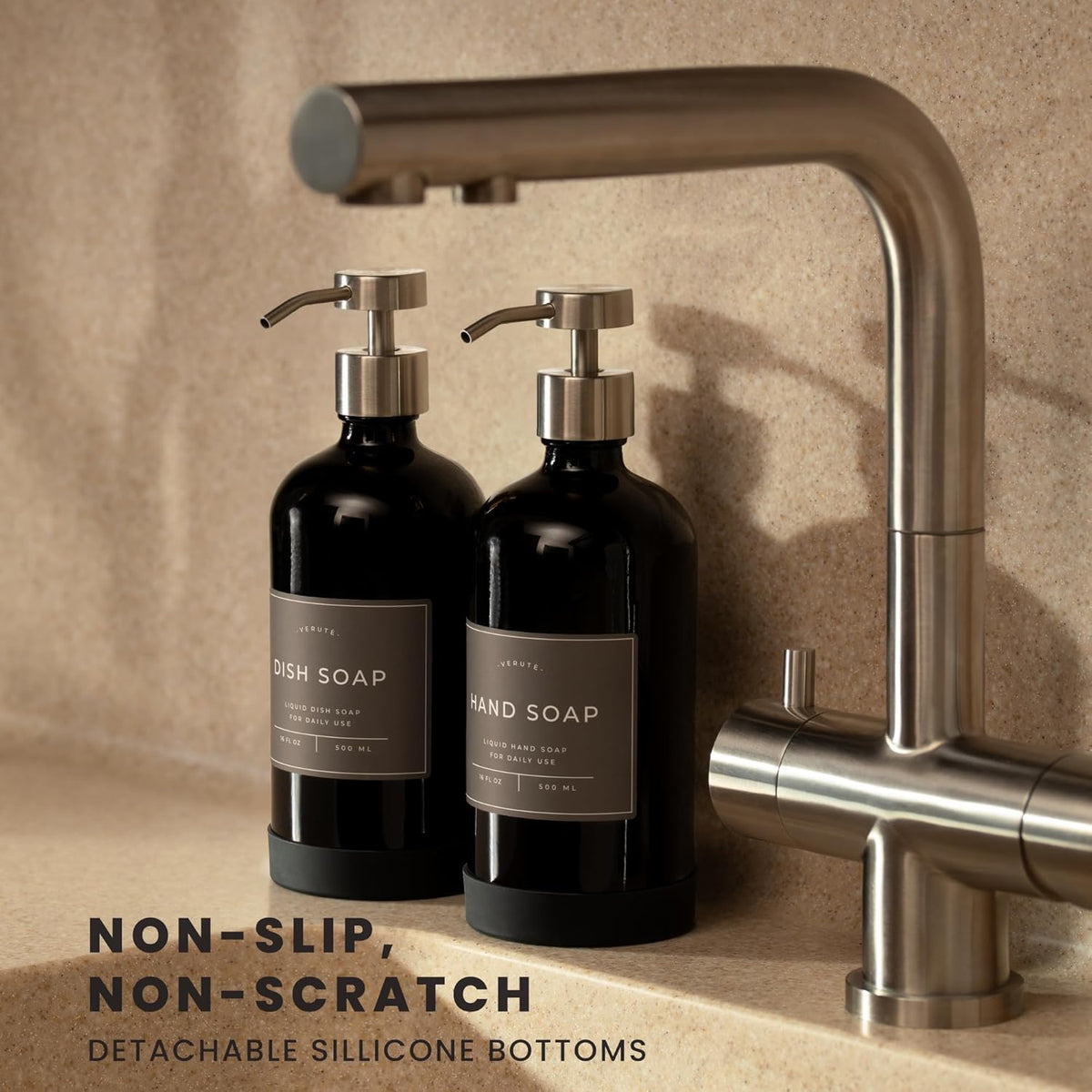 16oz Glass Soap Dispenser with Stainless Steel Pump, 21 Waterproof Labels, Non-Slip Protective