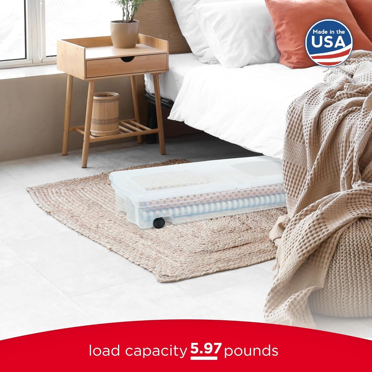 Rubbermaid 70 Quart Under the Bed Low Profile Storage Boxes with Dual Hinged Lids and Easy Rolling