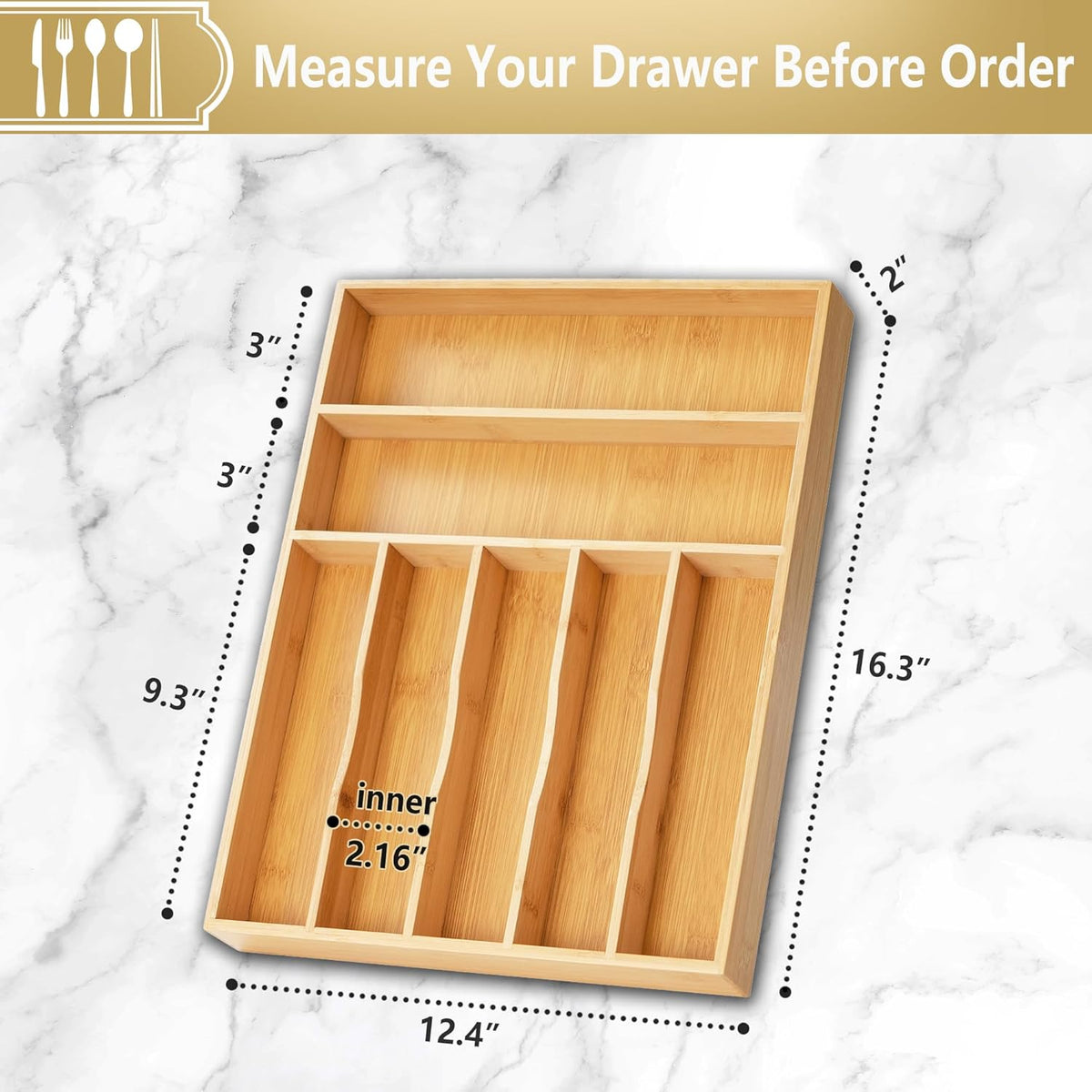 Silverware Organizer, 12.5 Inch Utensil Organizer Kitchen Drawer Organizer Bamboo Silverware Holder