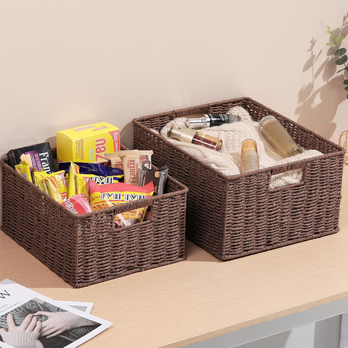 HOONEX Large Woven Storage Baskets, Paper Rope With Sturdy Metal Wire Frame, for Shelves, Set of 2