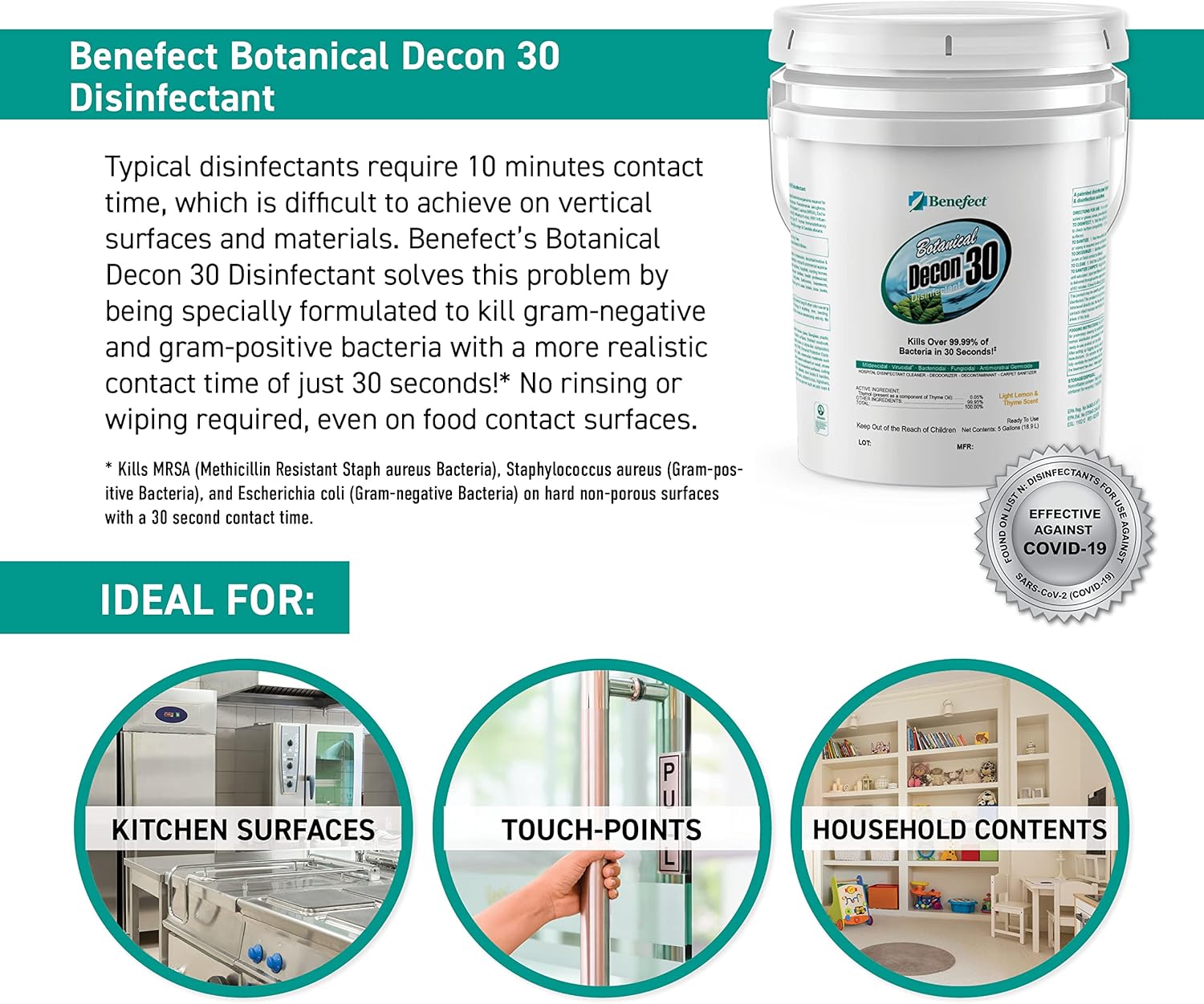 Benefect Botanical Decon 30 Disinfectant Cleaner, 5 Gallon, Light Lemon & Thyme Scent, Hospital