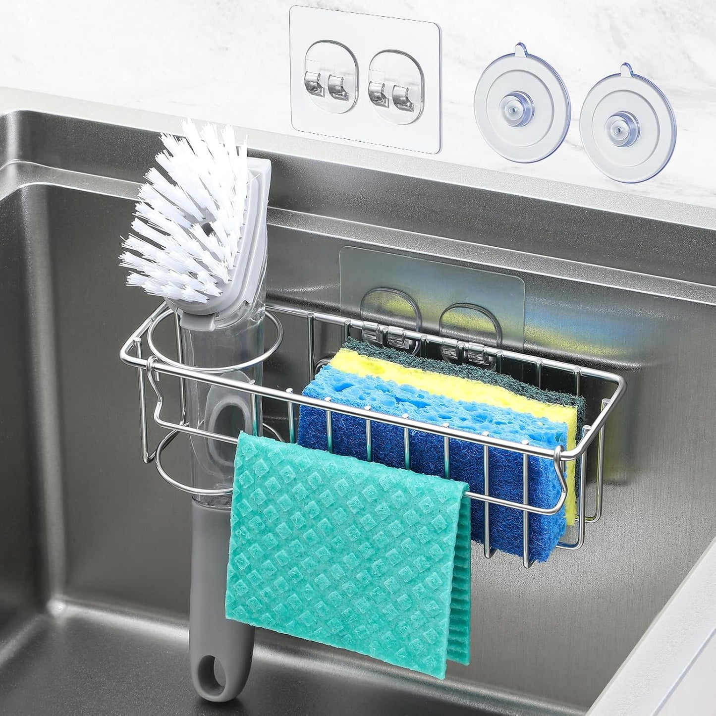 3-In-1 Sponge Holder for Kitchen Sink with Suction Cups & Adhesive Hook, In-sink Sponge Holder