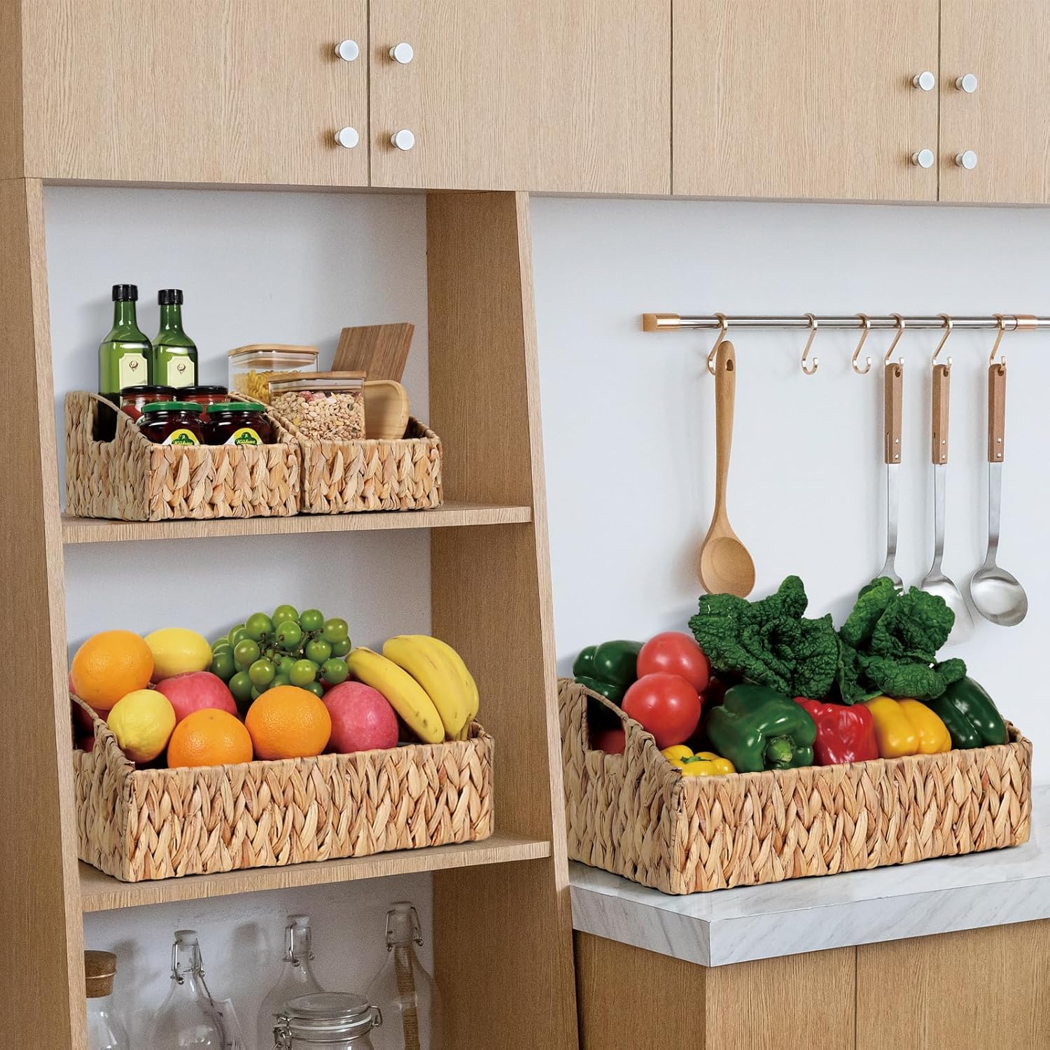 Ollieroo Natural Water Hyacinth Storage Baskets, Handwoven Wicker Storage Bins with Built-in
