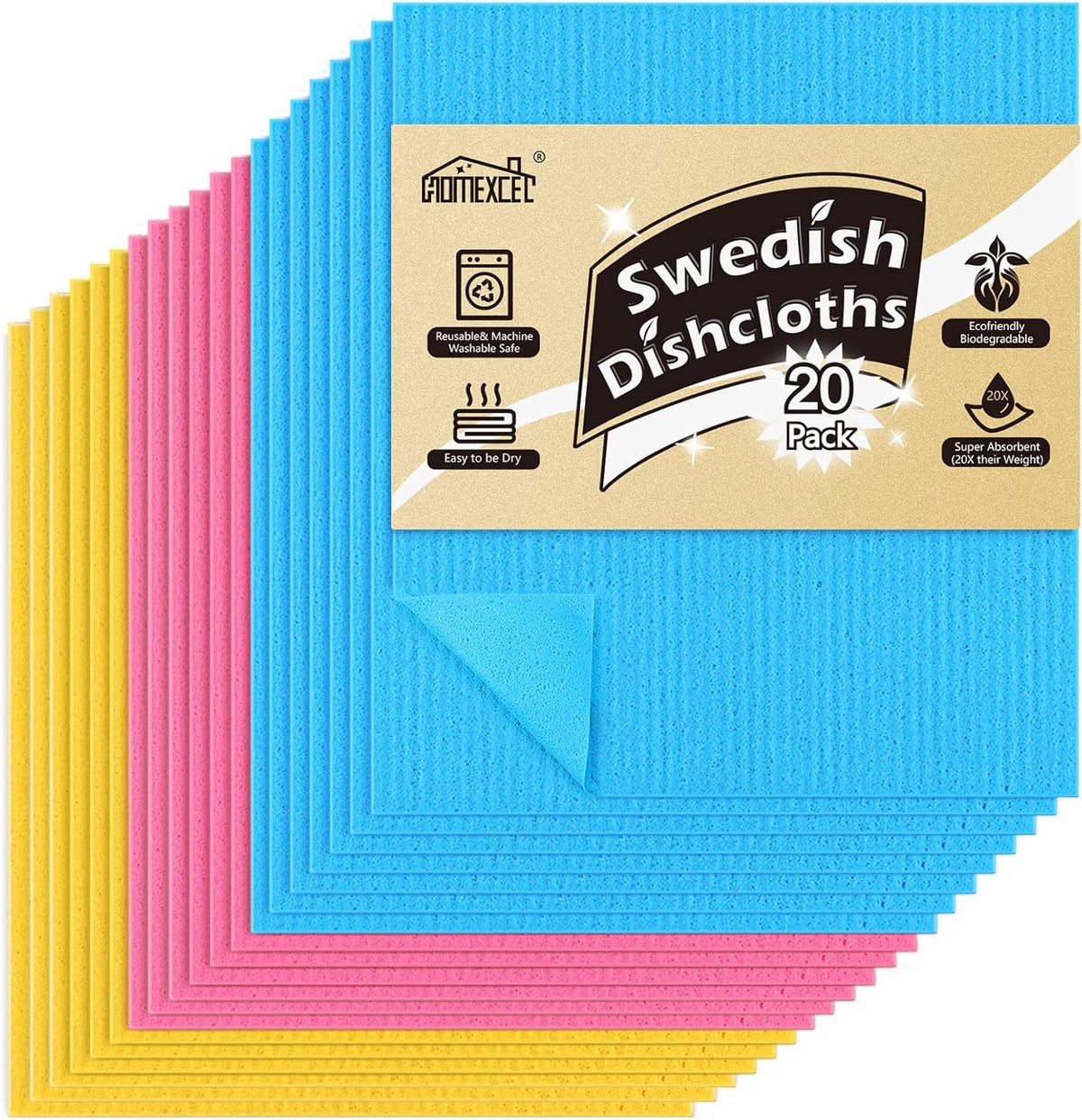 HOMEXCEL Swedish Dishcloths for Kitchen 20 Pack, Sponge Dish Cloth for Counters & Washing Dishes