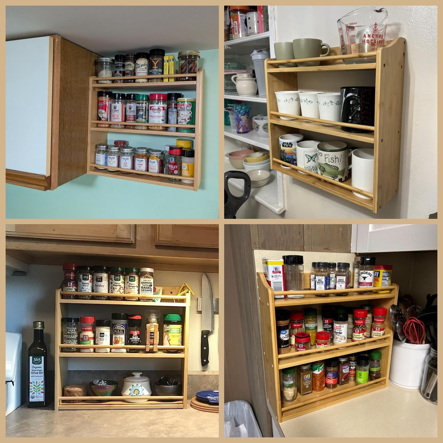 3 Tier Bamboo Spice Rack, Seasoning Jars Rack Shelf Spice Organizer for Kitchen Counter or Wall