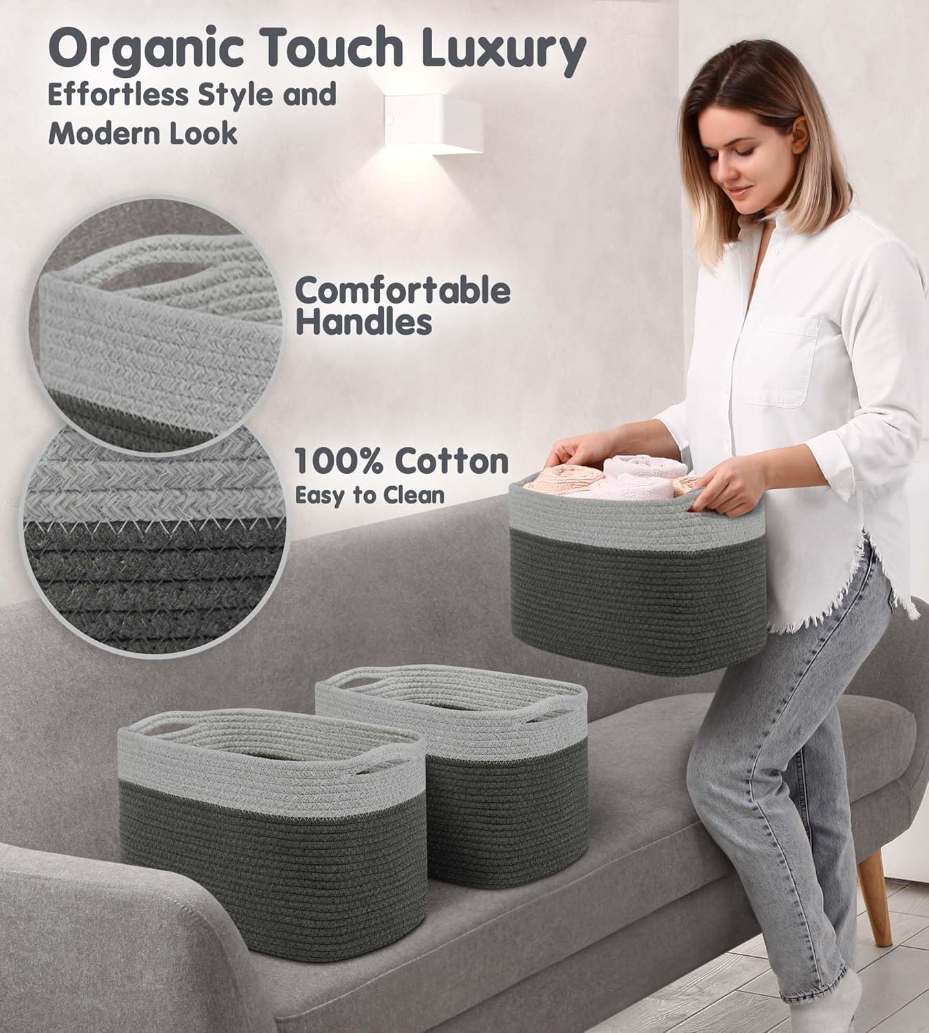 CHAT BLANC Cotton Rope Baskets for Organizing I Storage Baskets for Shelves | Rope Basket for