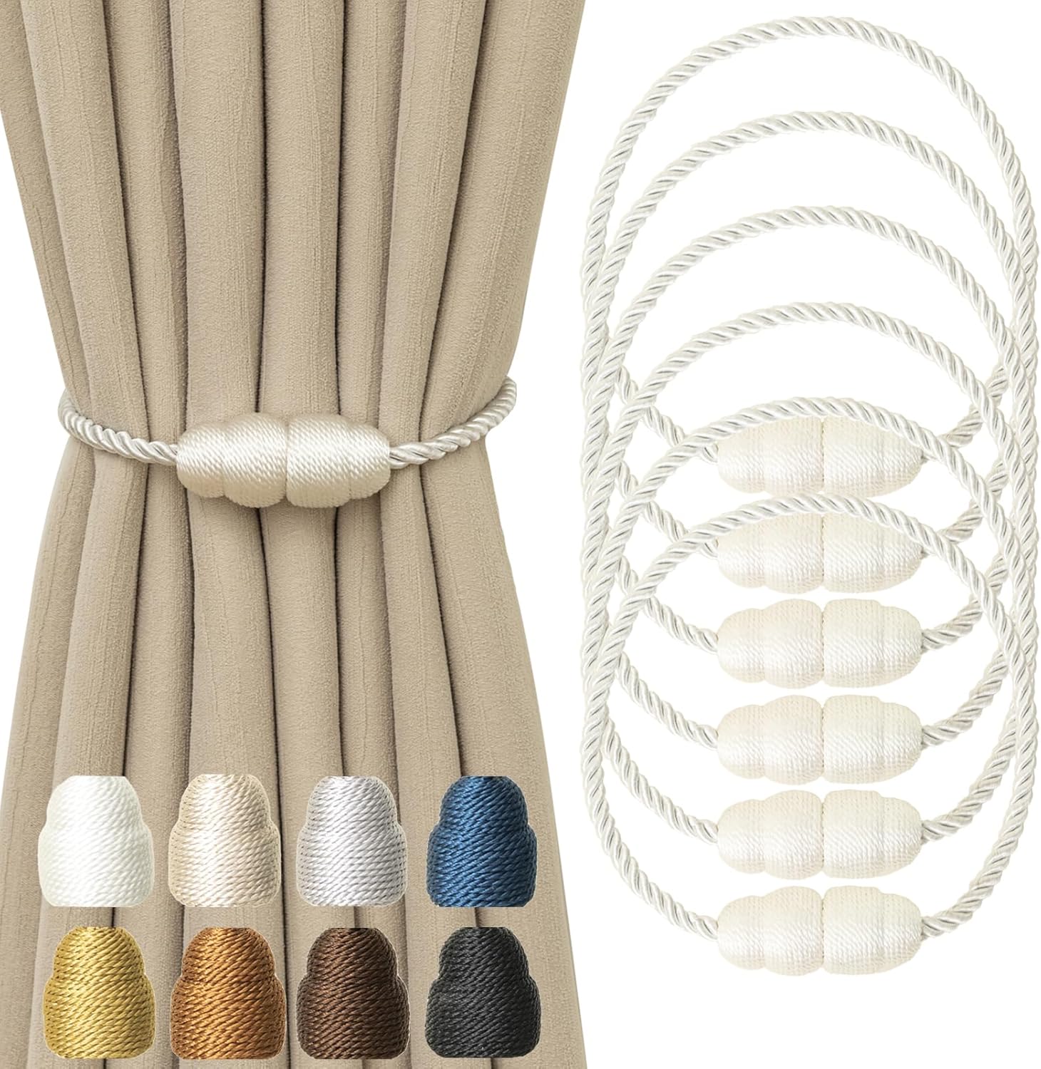 Magnetic Curtain Tiebacks - Rope Tie Backs for Curtains & Drapes - Decorative Window Holdbacks (6