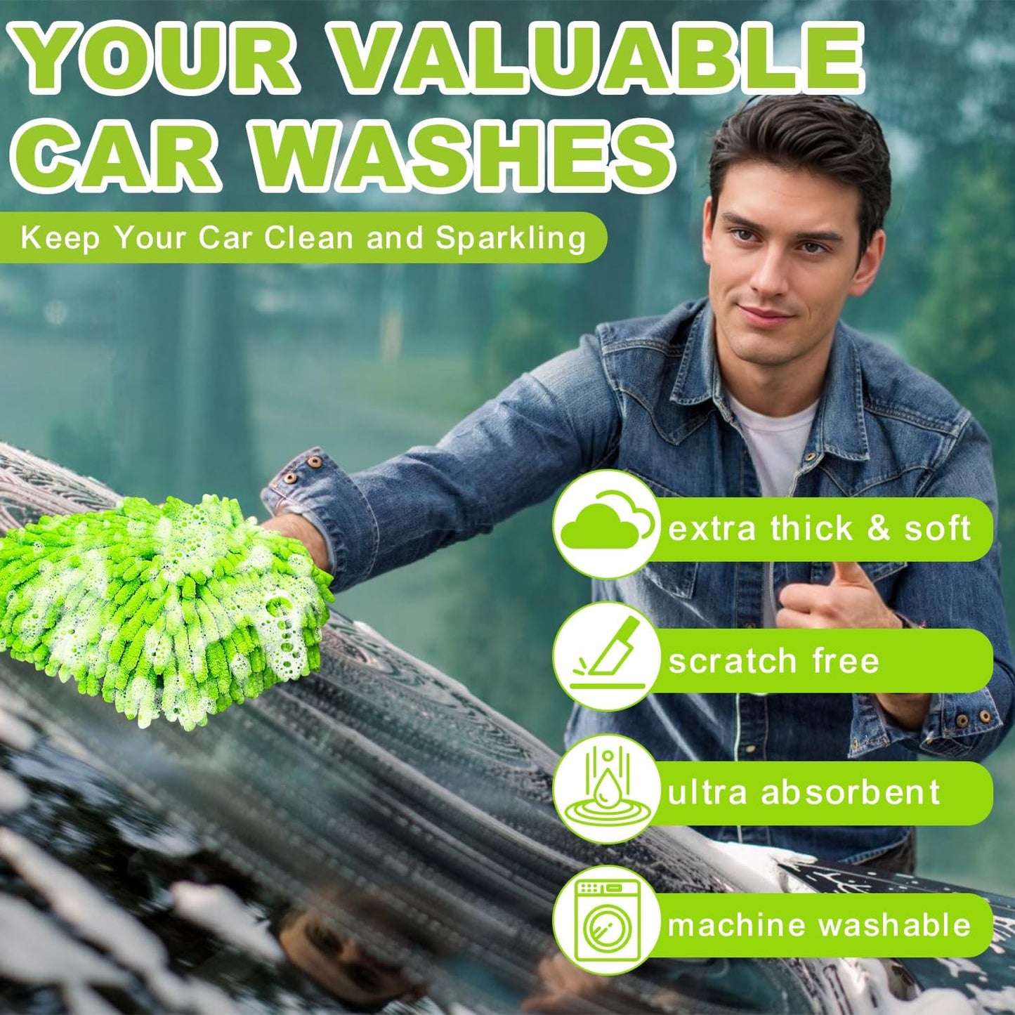 Car Wash Mitt, 2 Pack Premium Chenille Microfiber Wash Mitt, Scratch-Free & Lint-Free, Rich Foam
