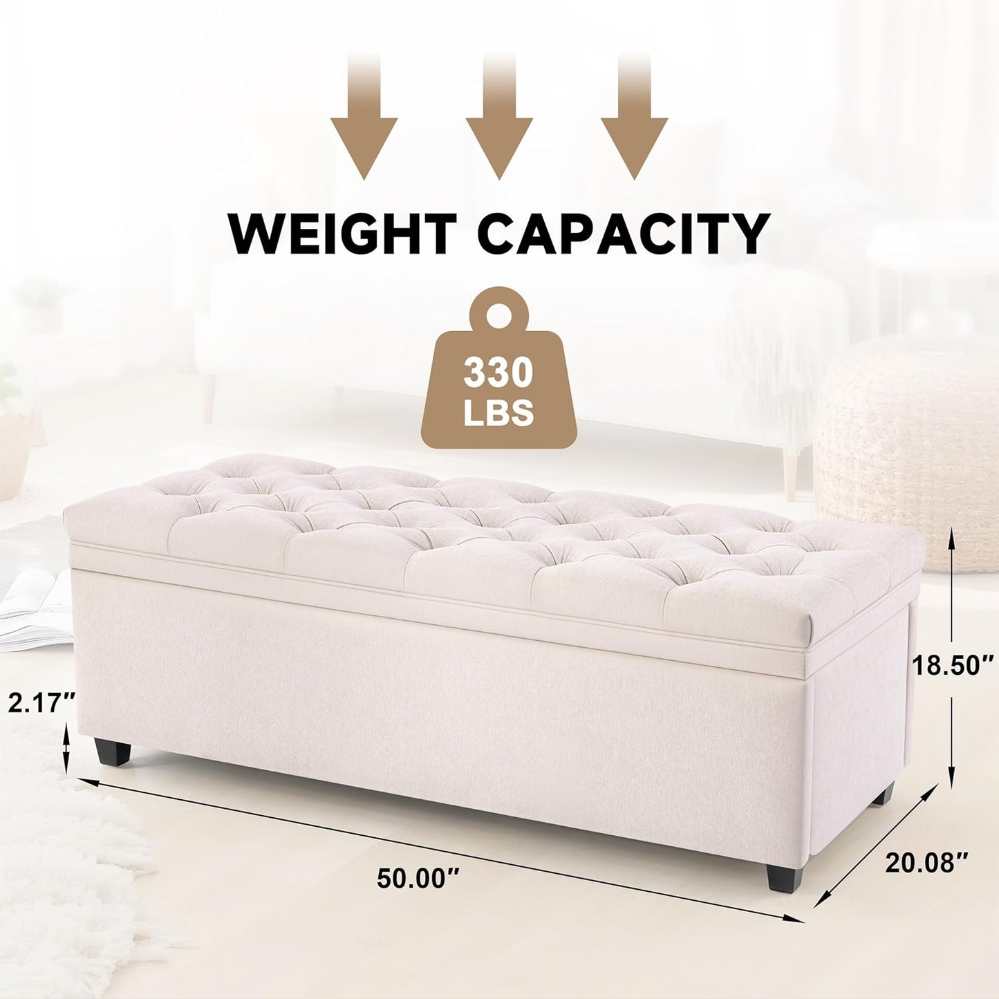 50" Storage Ottoman Bench, Tufted Ottoman with Storage for Living Room, Large End of Bed Ottomans