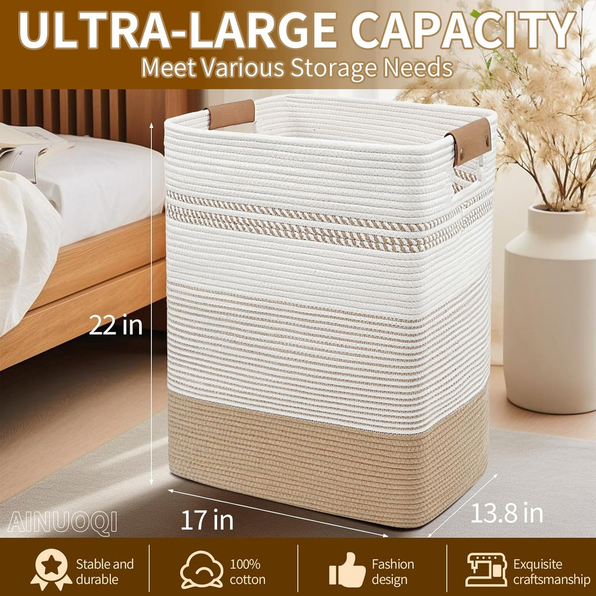 Laundry Hamper Large Laundry Basket with Leather Handles, Decorative Storage Cotton Rope Woven