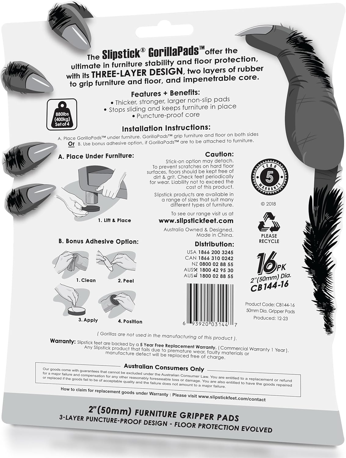 GorillaPads Non Slip Furniture Pads/Floor Grippers (Set of 16 Grips) 2 Inch Round Floor Protectors