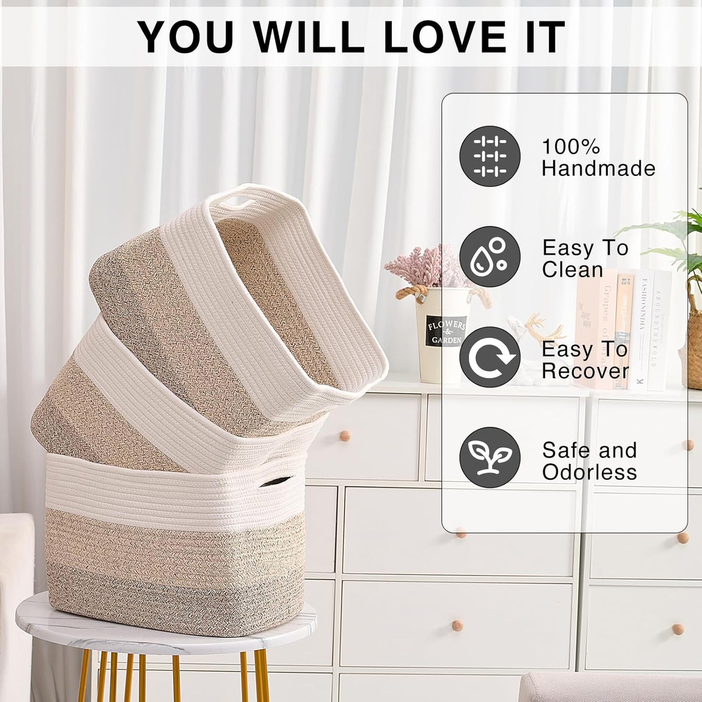 Storage Baskets for Organizing Shelves, Woven Cotton Rope Bins for Baby Nursery Organization, Book
