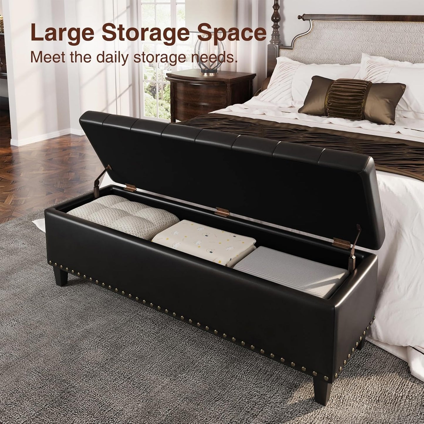 Storage Ottoman Bench, 51-Inch Large Storage Bench for Bedroom End of Bed, 30 Gallons Faux Leather