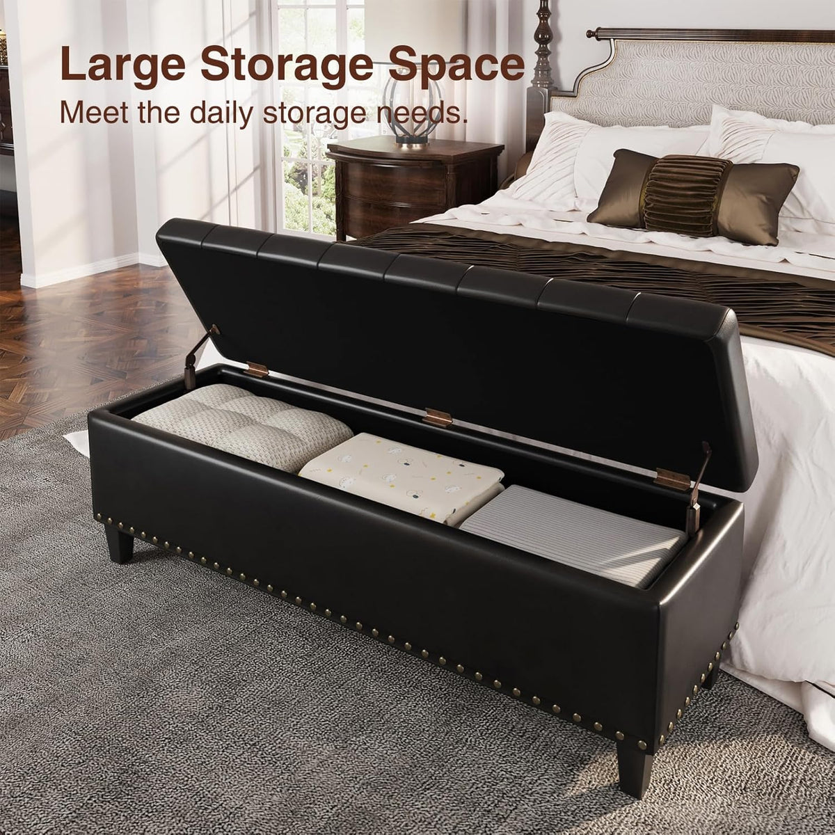Storage Ottoman Bench, 51-Inch Large Storage Bench for Bedroom End of Bed, 30 Gallons Faux Leather