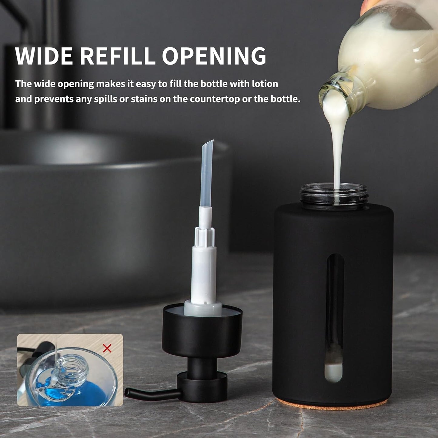 Enra Bathroom Soap Dispenser,12oz Glass Black Soap Dispenser Stainless Steel Liquid Pump,Refillable
