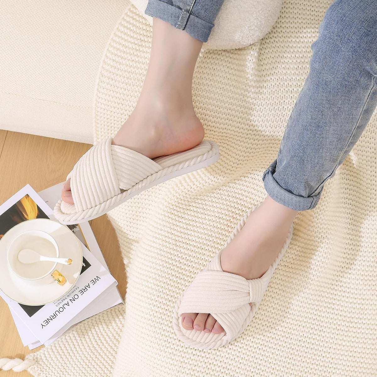 Evshine Summer House Slippers for Women Corduroy Cross Bow Indoor Slippers Open Toe Slip On Bedroom