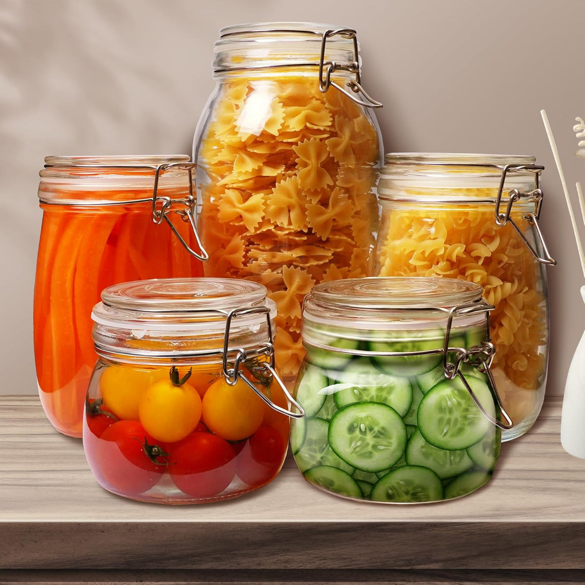 Glass Jars with Airtight Lid Set of 6, 17 floz Wide Mouth Mason Jars with Clamp Lids,Glass Sealed
