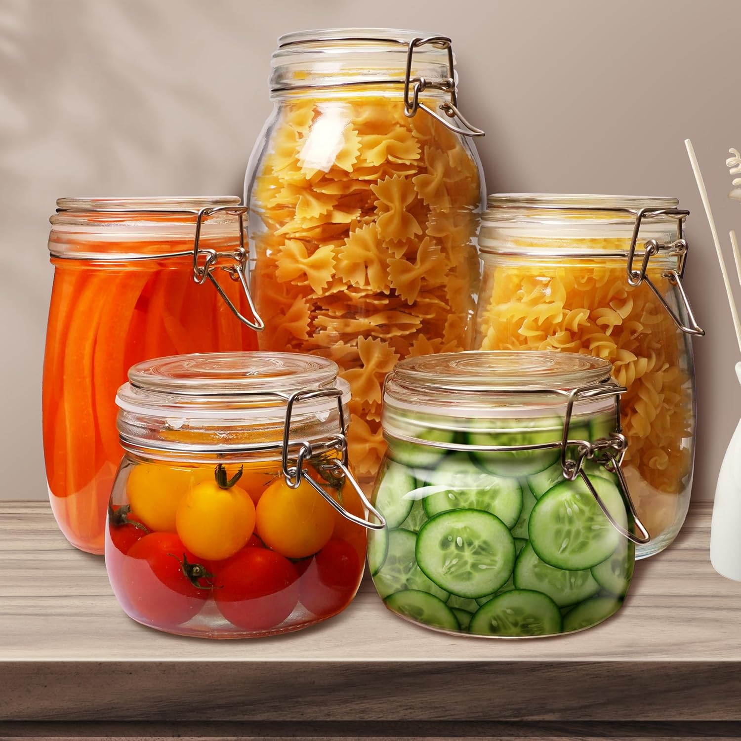 Glass Jars with Airtight Lid Set of 6, 17 floz Wide Mouth Mason Jars with Clamp Lids,Glass Sealed