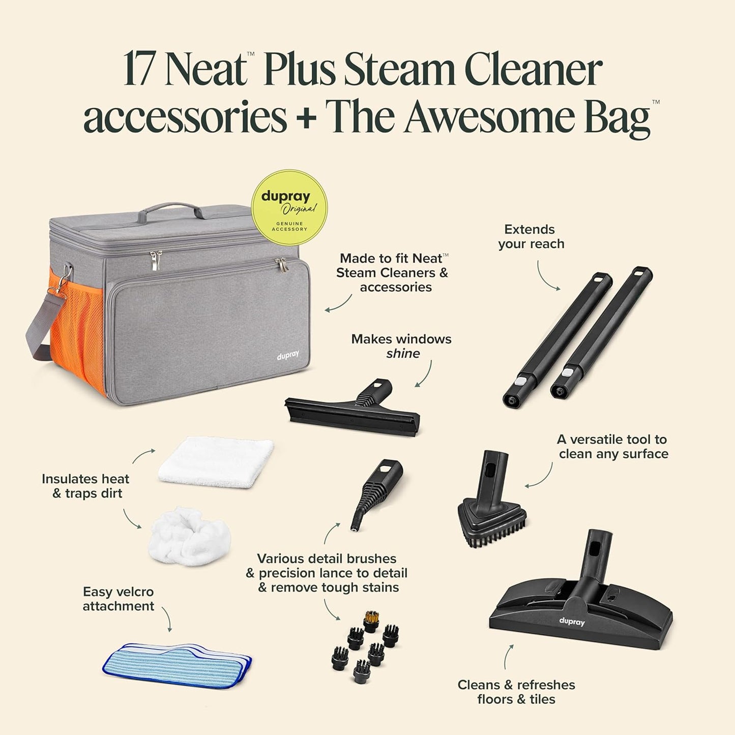 Dupray Neat Plus Steam Cleaner with 18-Piece Accessory Kit (incl. the Awesome Bag) A powerful