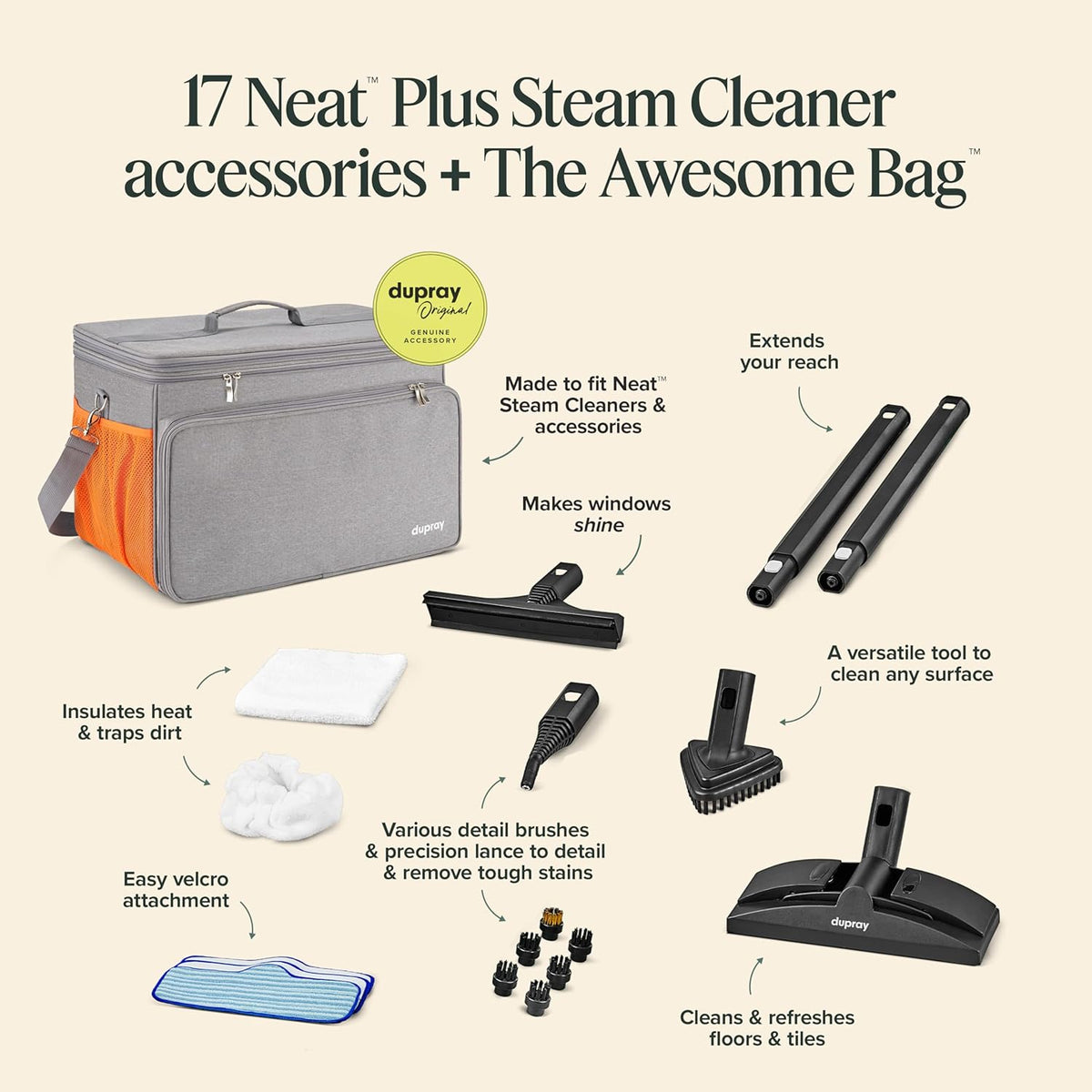 Dupray Neat Plus Steam Cleaner with 18-Piece Accessory Kit (incl. the Awesome Bag) A powerful