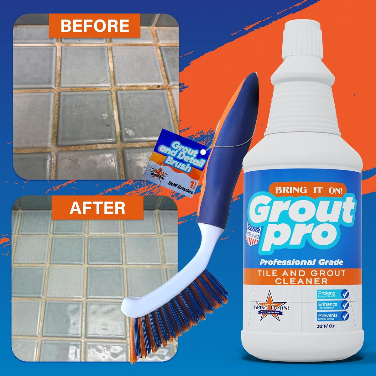 Bring It On Grout Cleaner Pro with Grout Cleaning Brush – 32Fl Oz Grout Cleaner for Shower Tile