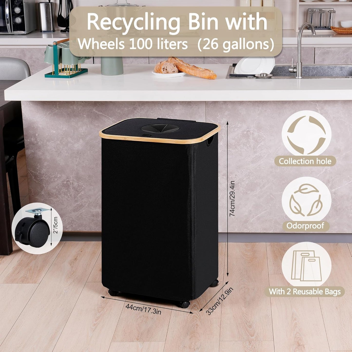 efluky Recycle Bins for Kitchen 100L (26 Gallon), Recycling Bin with Wheels and 2 Removeable and