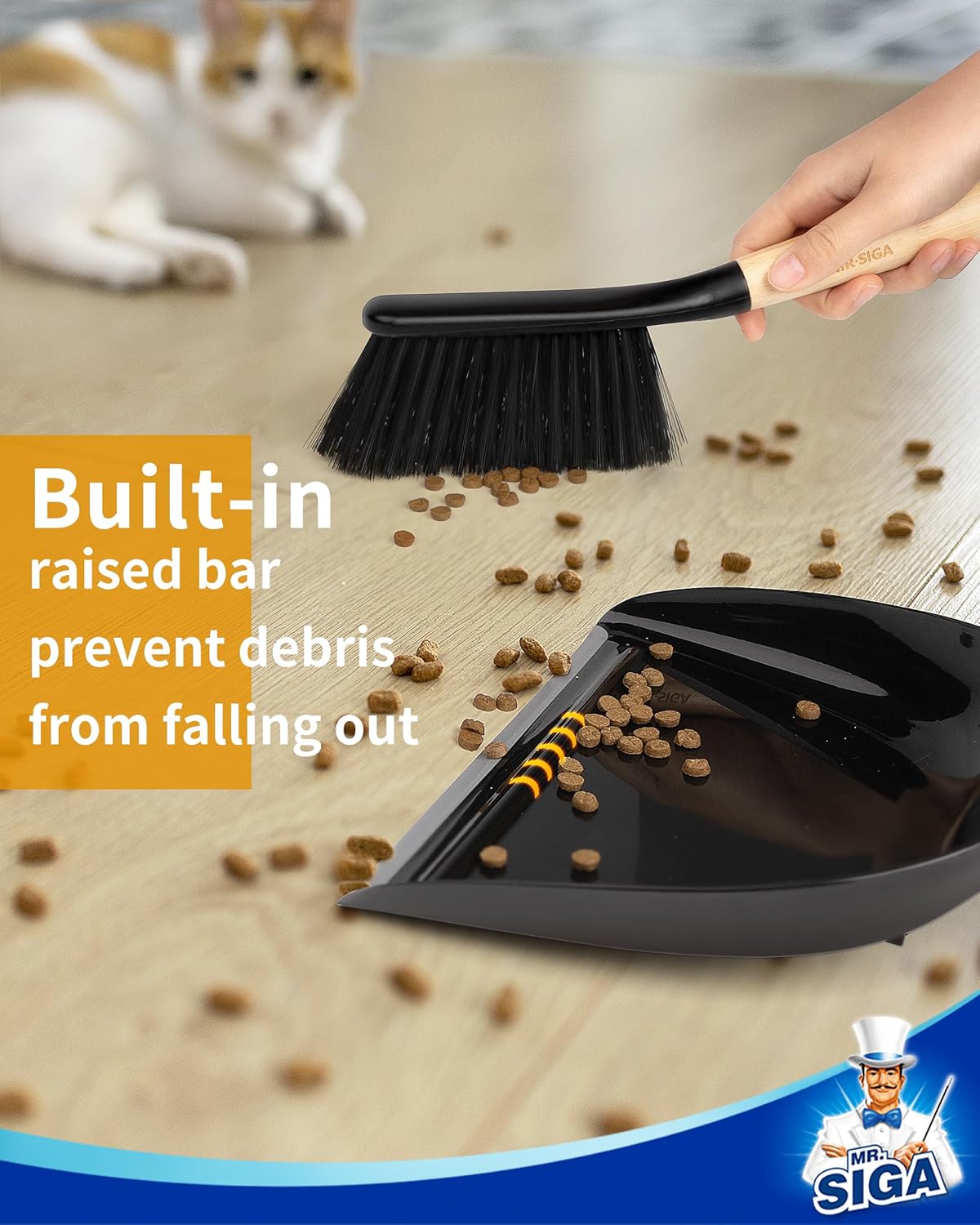 MR.SIGA Dustpan and Brush Set, Portable Cleaning Brush and Dustpan Combo with Bamboo Handle, Black