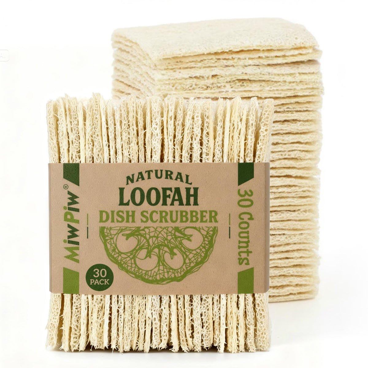 Miw Piw Natural Loofah Dish Sponge 30Pcs Multipurpose 100% Biodegradable