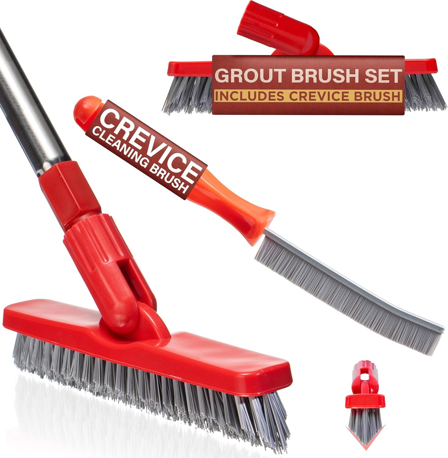 Grout Brush with Long Handle & Hard Bristle Crevice Cleaning Brush, Grout Cleaner for Tile Floors