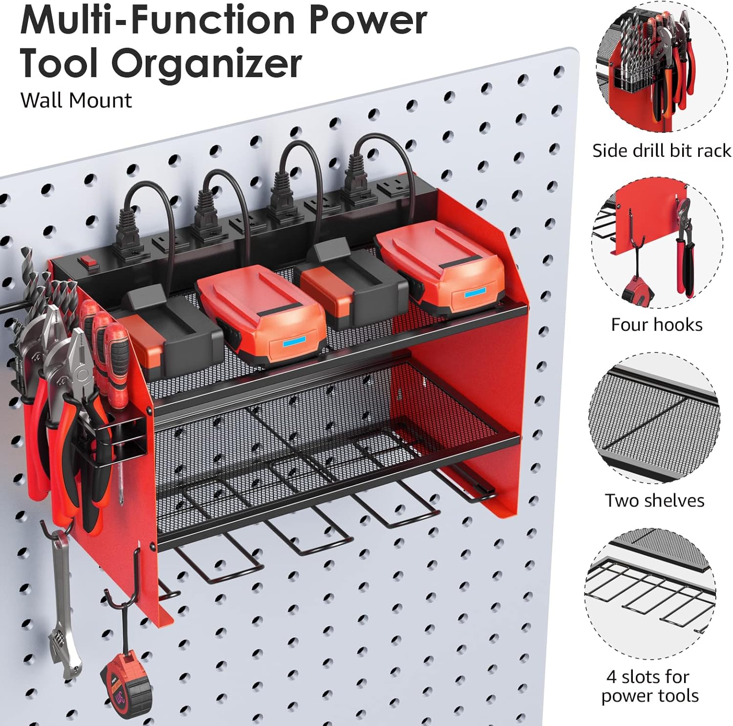 CCCEI Modular Power Tool Organizer Wall Mount with Charging Station. Garage 4 Drill Storage Shelf