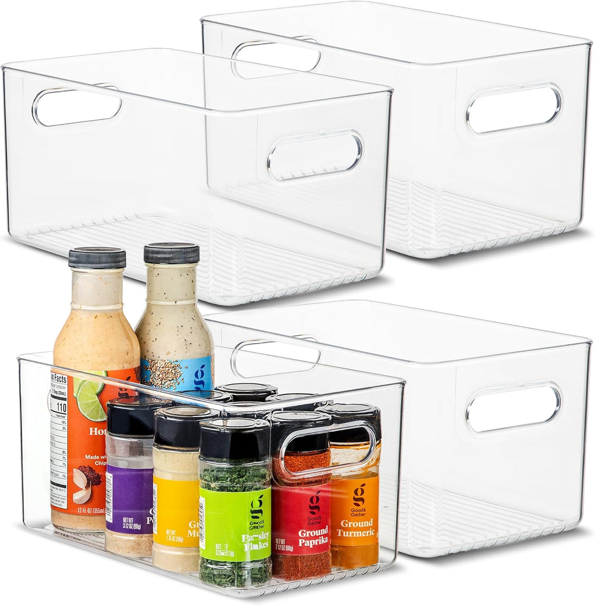 Plastic Food Storage 4 Pack Clear Container Bin with Handles for Organizing Kitchen, Pantry