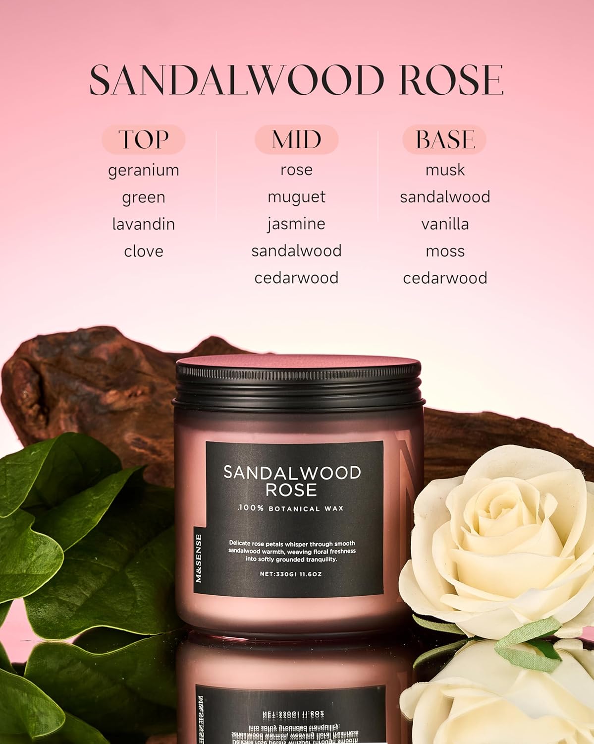 M&SENSE Sandalwood Rose Scented Candle - 11.6oz Natural Soy Wax Non Toxic 70-Hour Burn Long Lasting