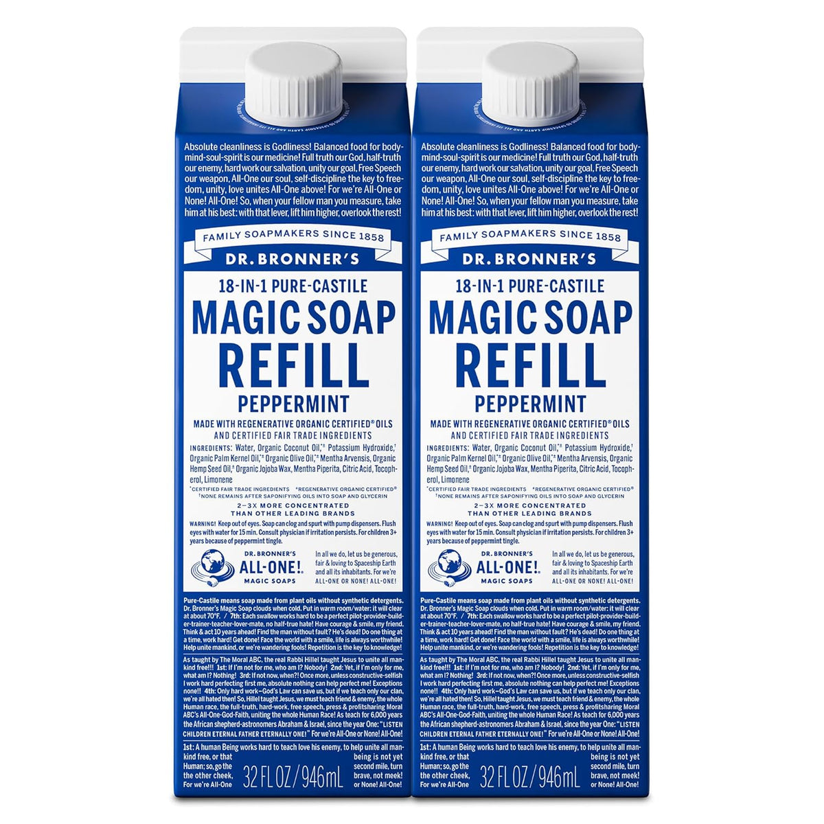 Dr. Bronner's Magic Soap-Pure-Castile Liquid Refill (Peppermint, 32 ounce, 2-Pack) - Regenerative