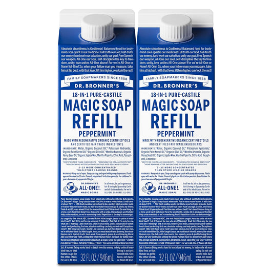 Dr. Bronner's Magic Soap-Pure-Castile Liquid Refill (Peppermint, 32 ounce, 2-Pack) - Regenerative