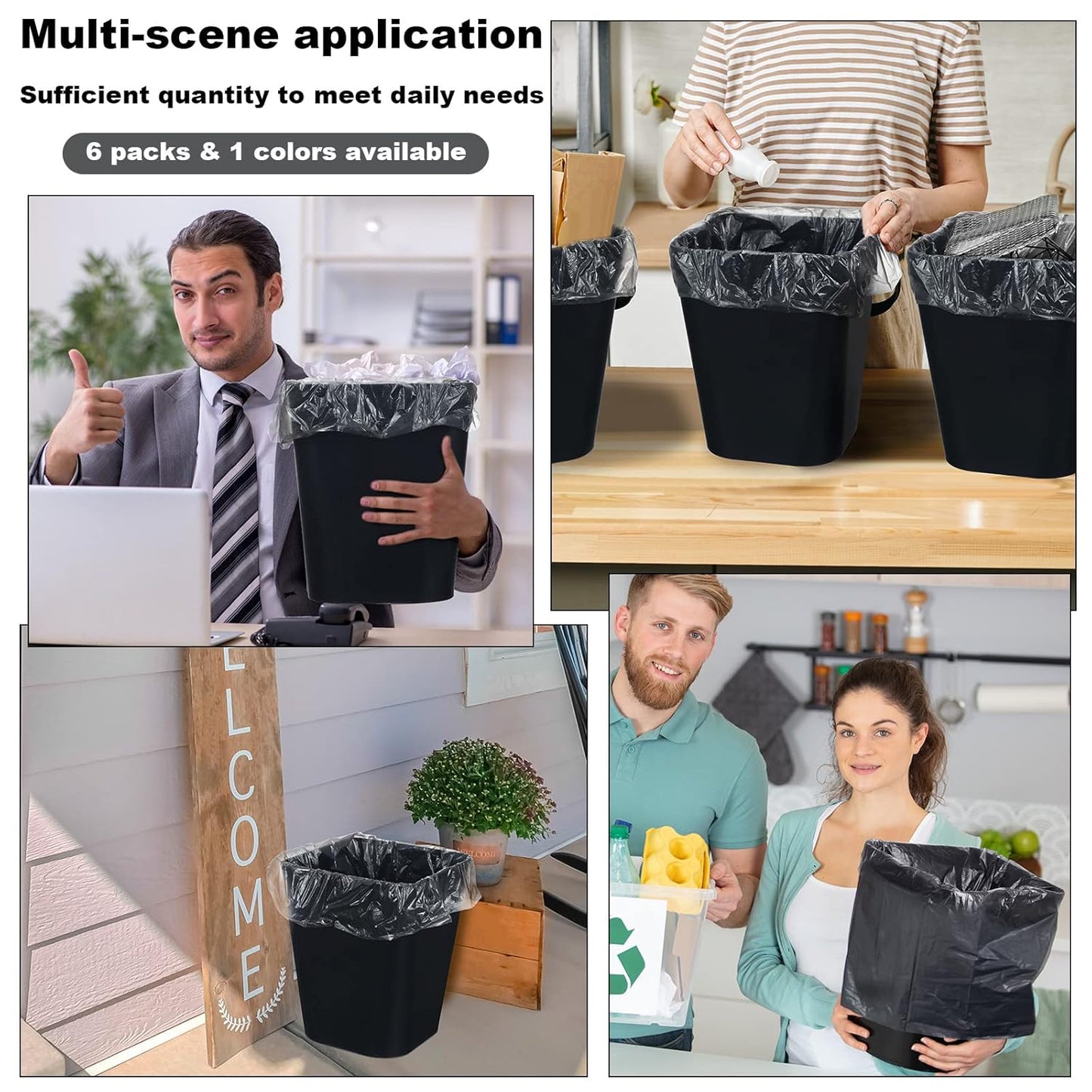 Eccliy 6 Pack Plastic Trash Can with 3 Rolls of Trash Bags Small Wastebasket Garbage Bin Container
