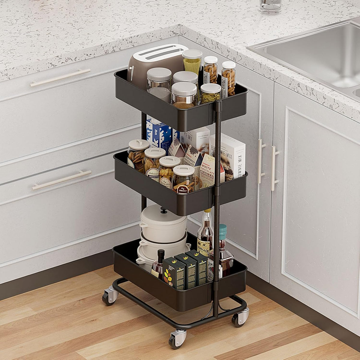 3 Tier Modern Metal Rolling Tool Cart with Silent Casters, 17.72×12.40×35.04 inch Heavy Duty