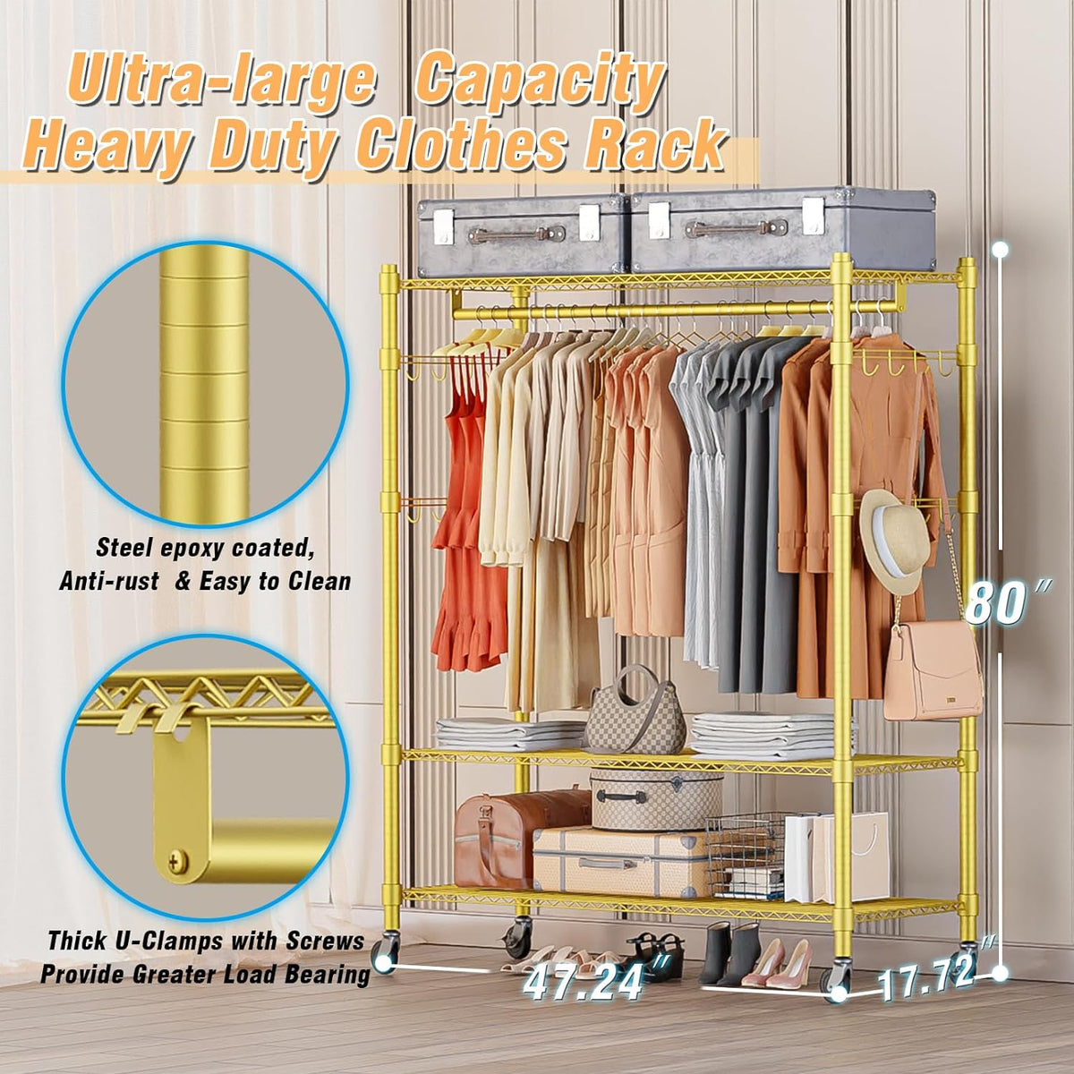 Homdox Gold Heavy Duty Clothes Rack with Wheels, 3-Tier Rolling Metal Garment Organizer with Double