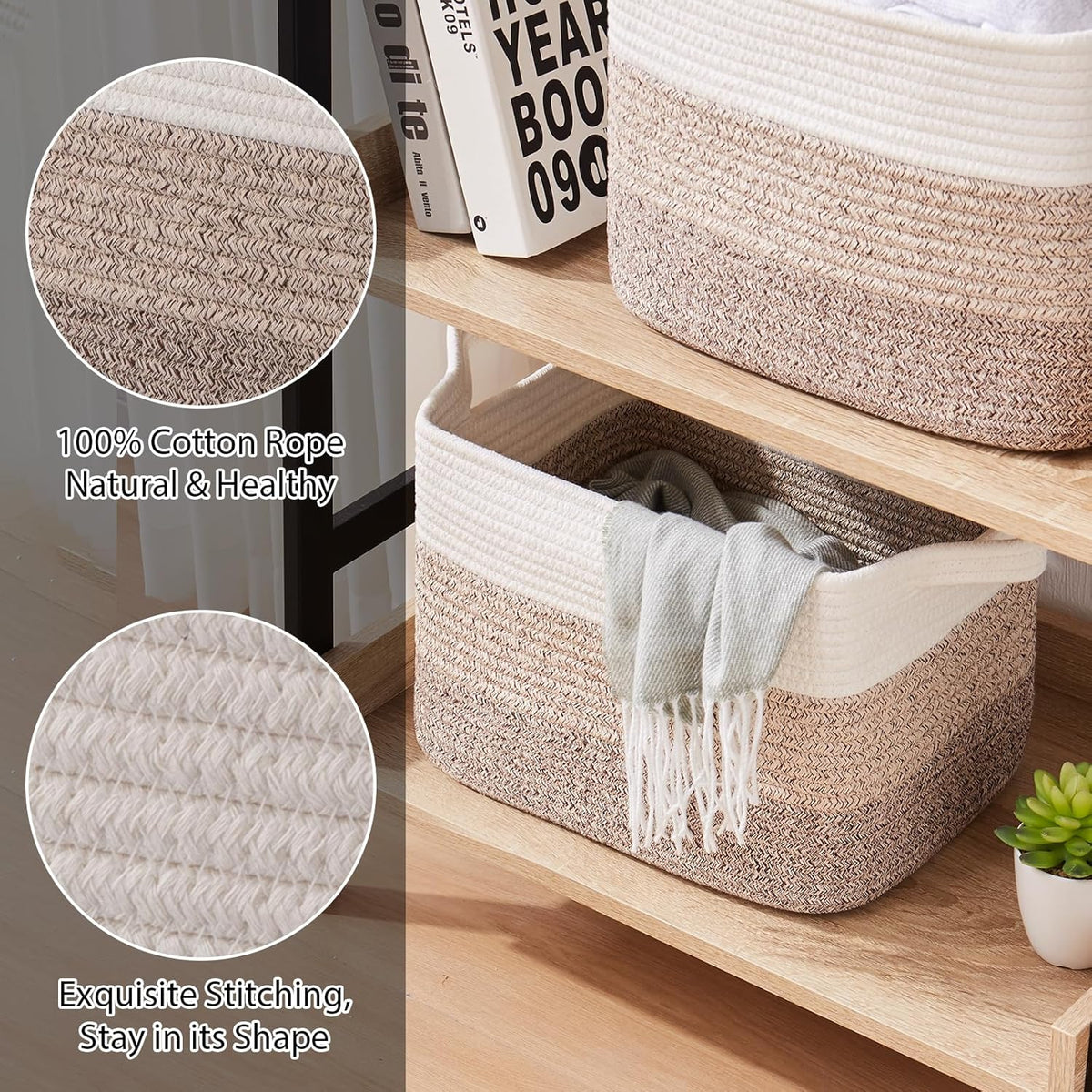 Storage Baskets for Organizing, Woven Baskets for Shelves, Rectangle Decorative Organizer for