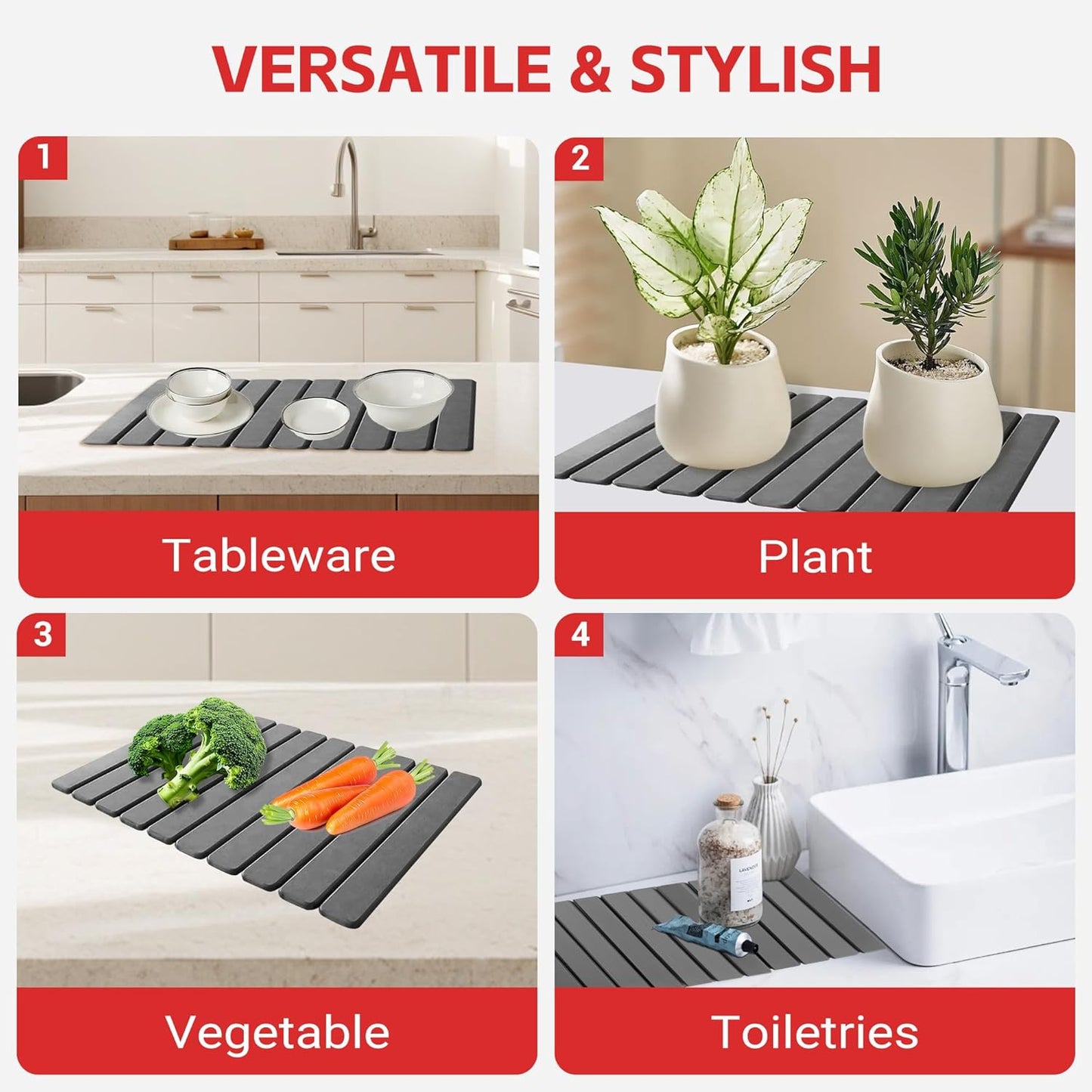 Stone Drying Mat For Kitchen Counter 24"x16" Foldable Super Absorbent Non-Slip Diatomaceous Earth