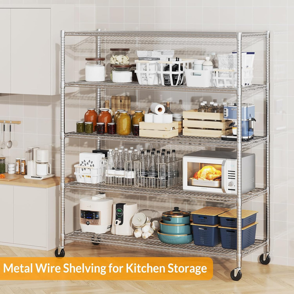 Himimi Storage Shelves with Wheels, 5-Tier Heavy Duty Steel Wire Rack Storage Shelving, Adjustable