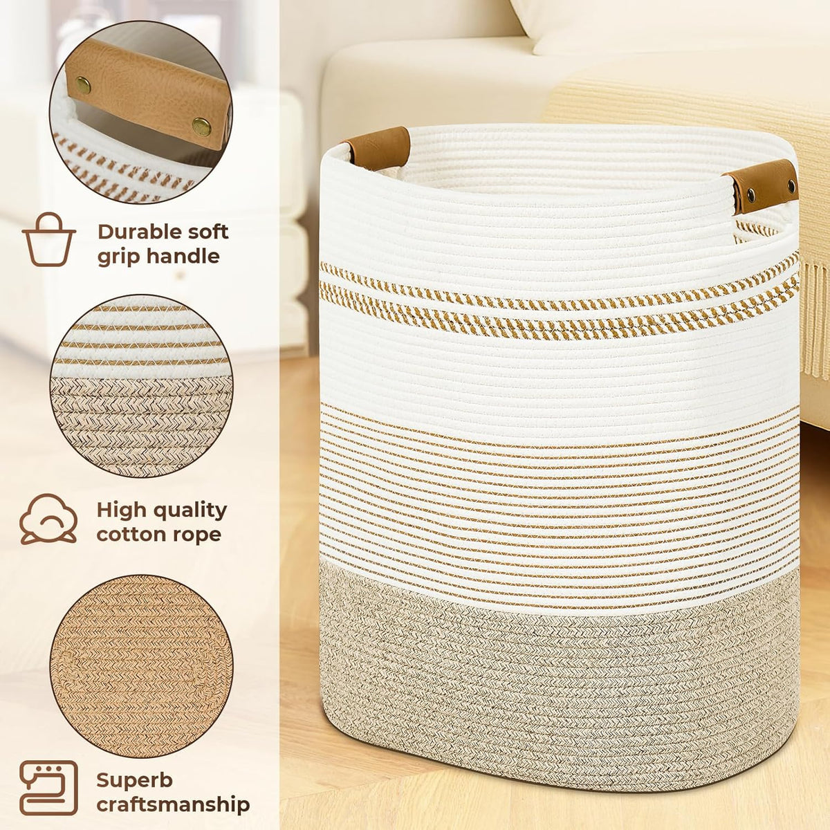 Laundry Basket with Handles - Blanket Basket & Hampers for Bedroom Aesthetic, Laundry Hamper &