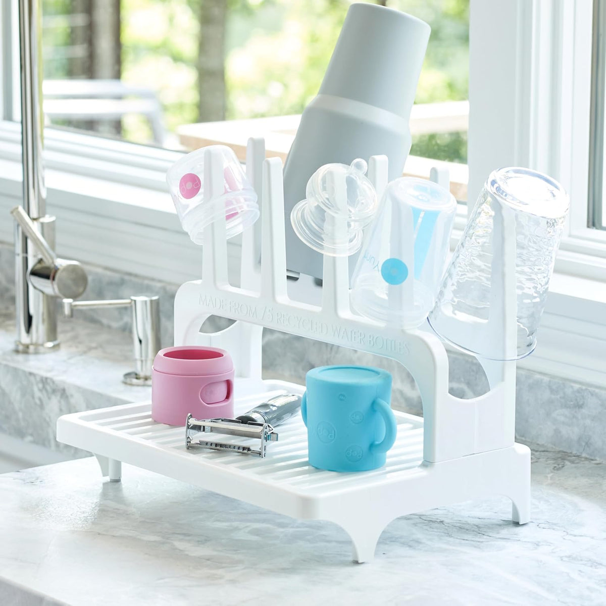 PopYum Glacier White Space Saving Drying Rack from 100% Recycled Bottles, countertop for Baby