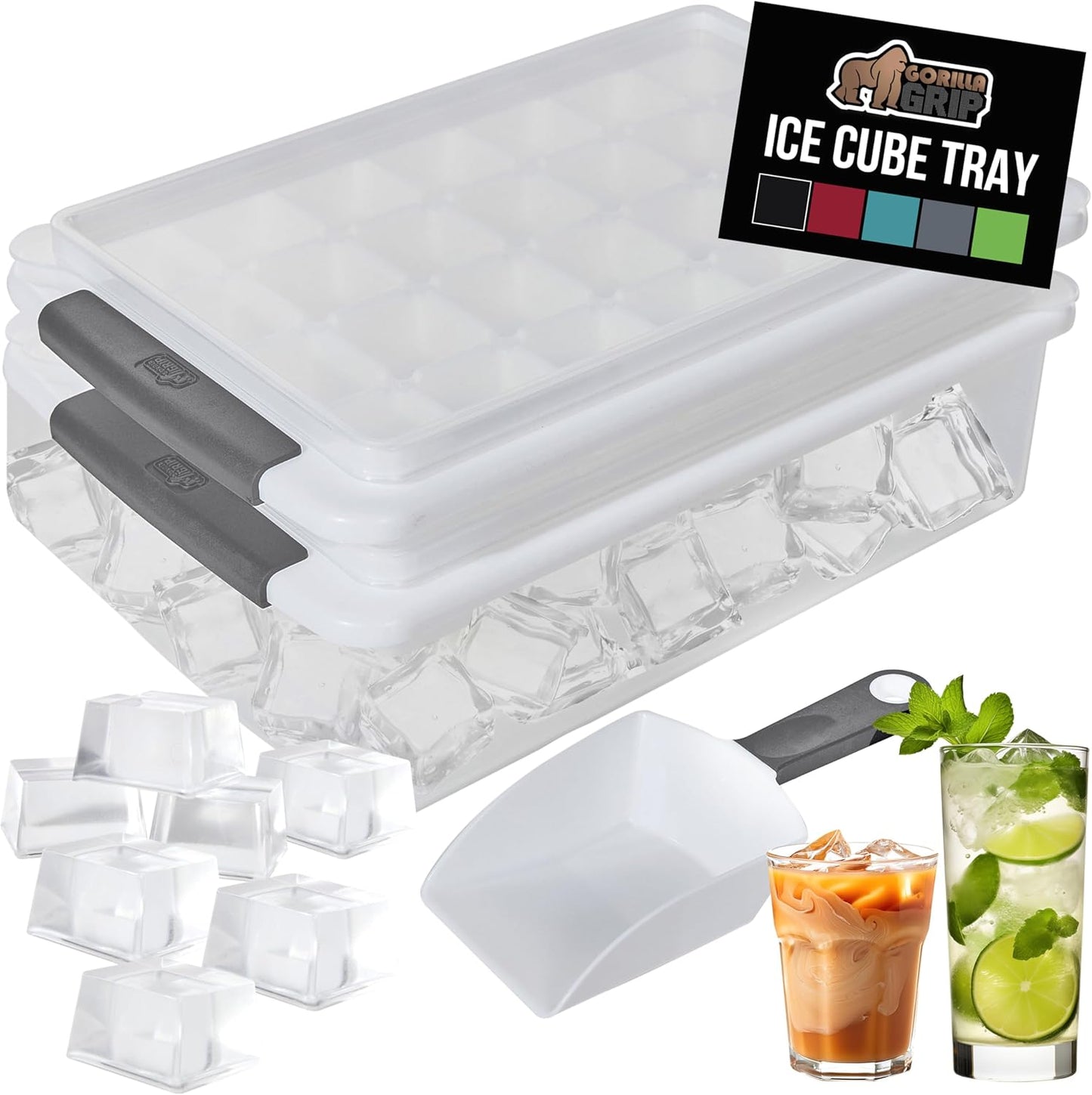 GORILLA GRIP Stackable Ice Cube Tray and Bucket Set for Freezer, Includes 2 Trays with Lid and