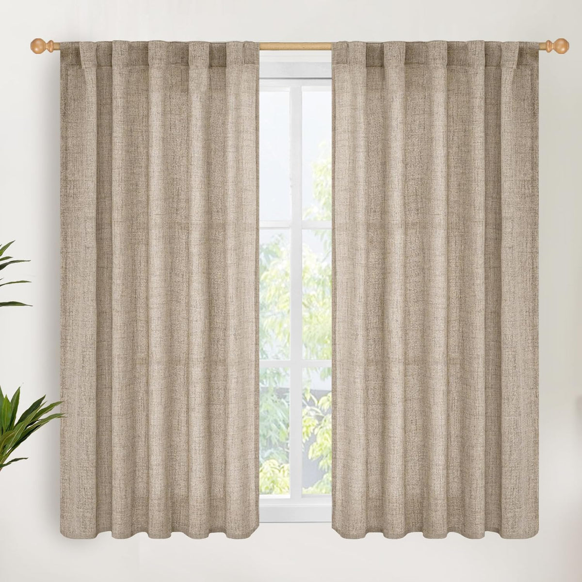 YoungsTex Dark Oatmeal Linen Curtains 54 Inch Length for Short Windows, Tan Semi Sheer Drapes Light